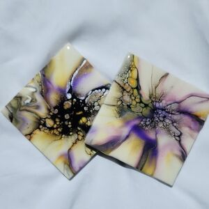 Hand Crafted Resin Painted Coasters Metallic Home Decor Decorative Drink Set 2